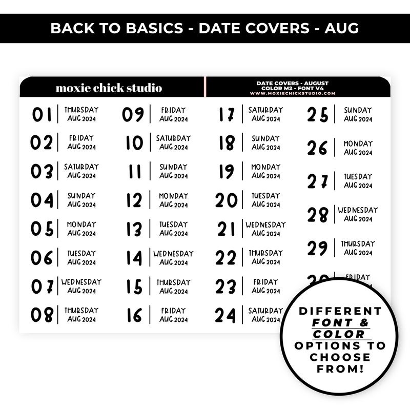 DATE COVERS 'AUGUST' - NEW FONTS & COLOR OPTIONS - NEW RELEASE