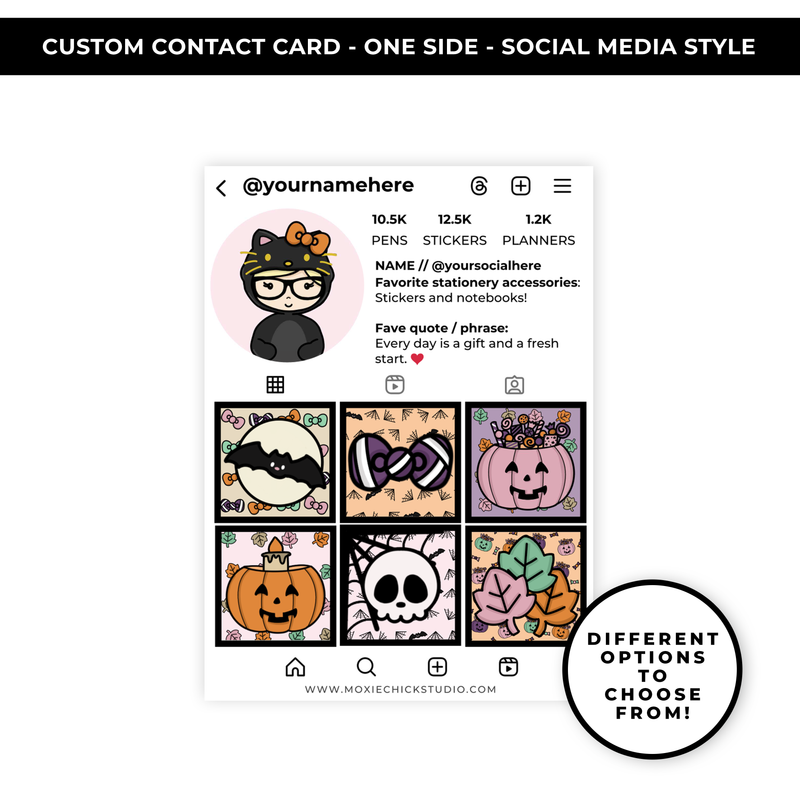 SOCIAL MEDIA STYLE CONTACT CARDS - THEME: HELLOWEEN BLACK CAT MOXIE DOODLES - NEW RELEASE