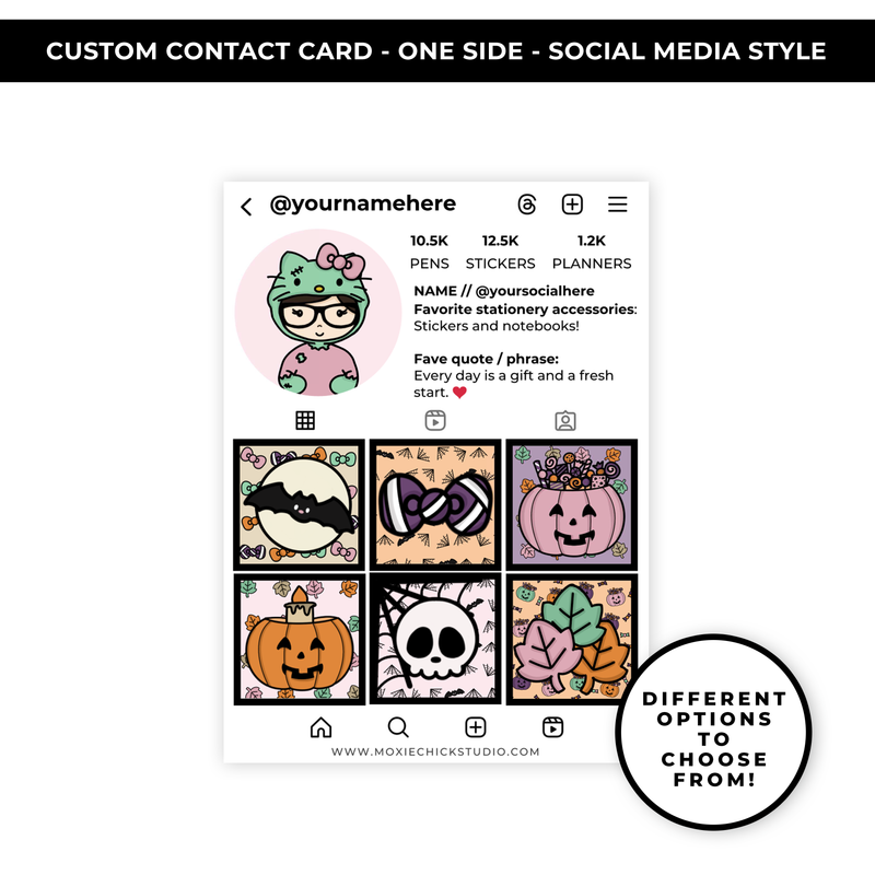 SOCIAL MEDIA STYLE CONTACT CARDS - THEME: HELLOWEEN FRANKEN MOXIE DOODLES - NEW RELEASE